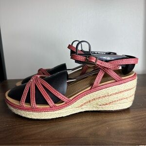 Clarks Red Leather Strappy Wedge Sandals Sz 8 Womens